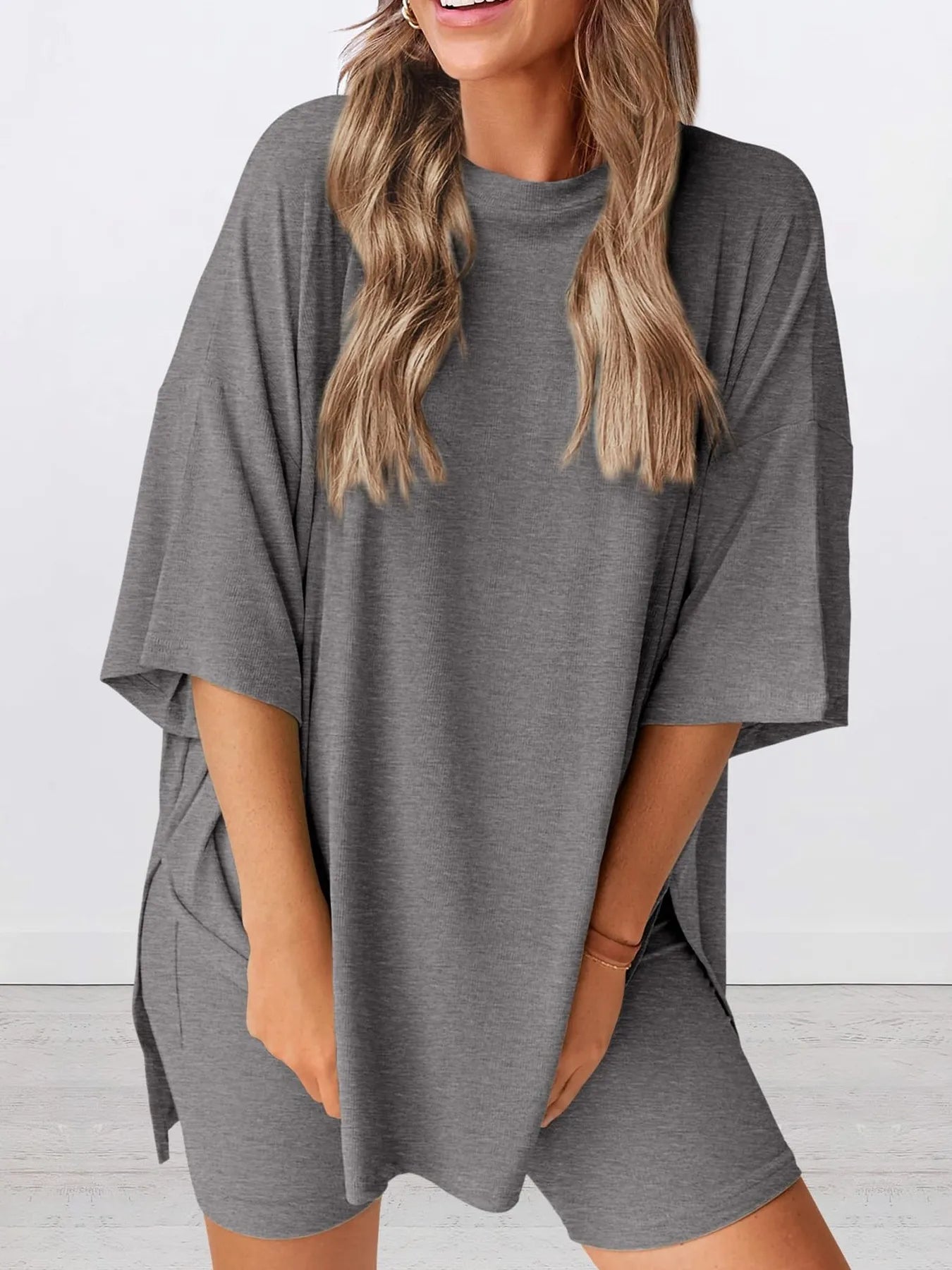 Full Size Oversized Slit Round Neck Top and Shorts Lounge Set Plus Size Grey 658a3055e72f4ed1ac3424b8e0ce36b3-Max-Origin
