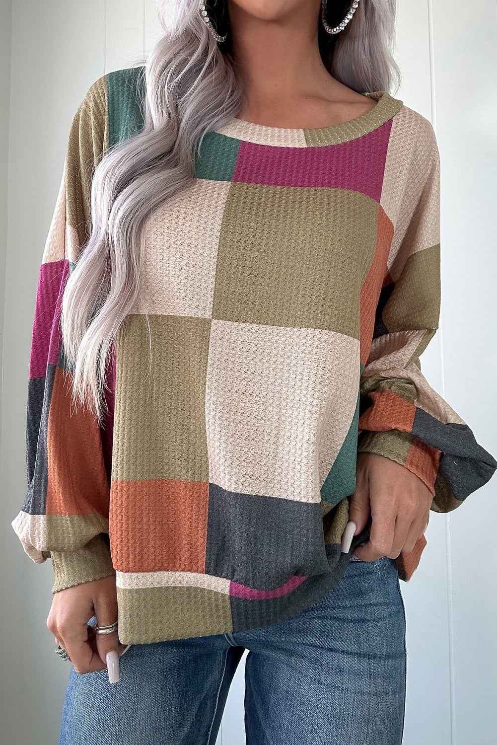 Green Checkered Print Textured Knit Long Sleeve Loose Top Green 92%Polyester+8%Elastane 658e18caf5353935