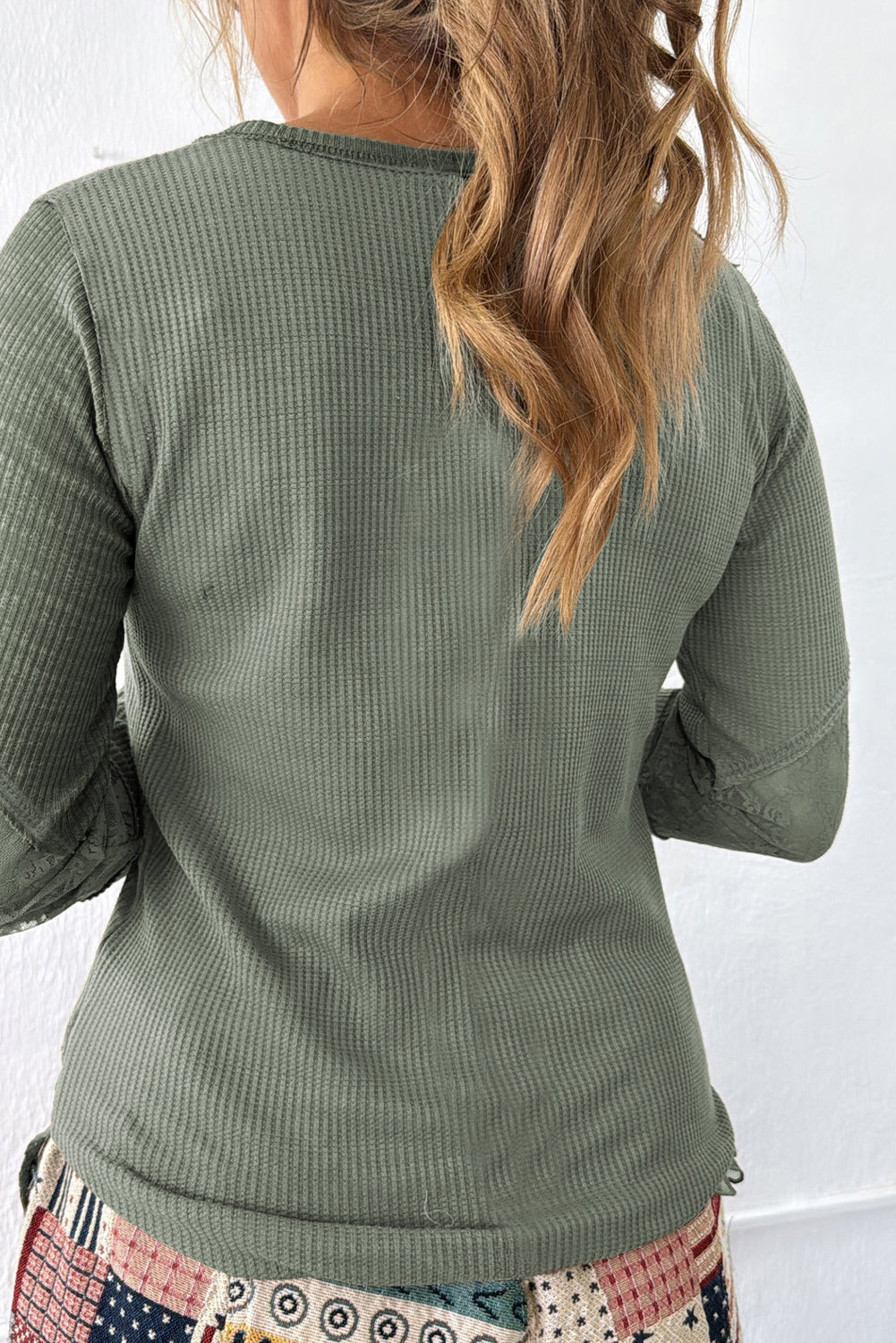 Sage Green Solid Color Waffle Ribbed Lace Patchwork Long Sleeve Top 658ee80d8cde0638