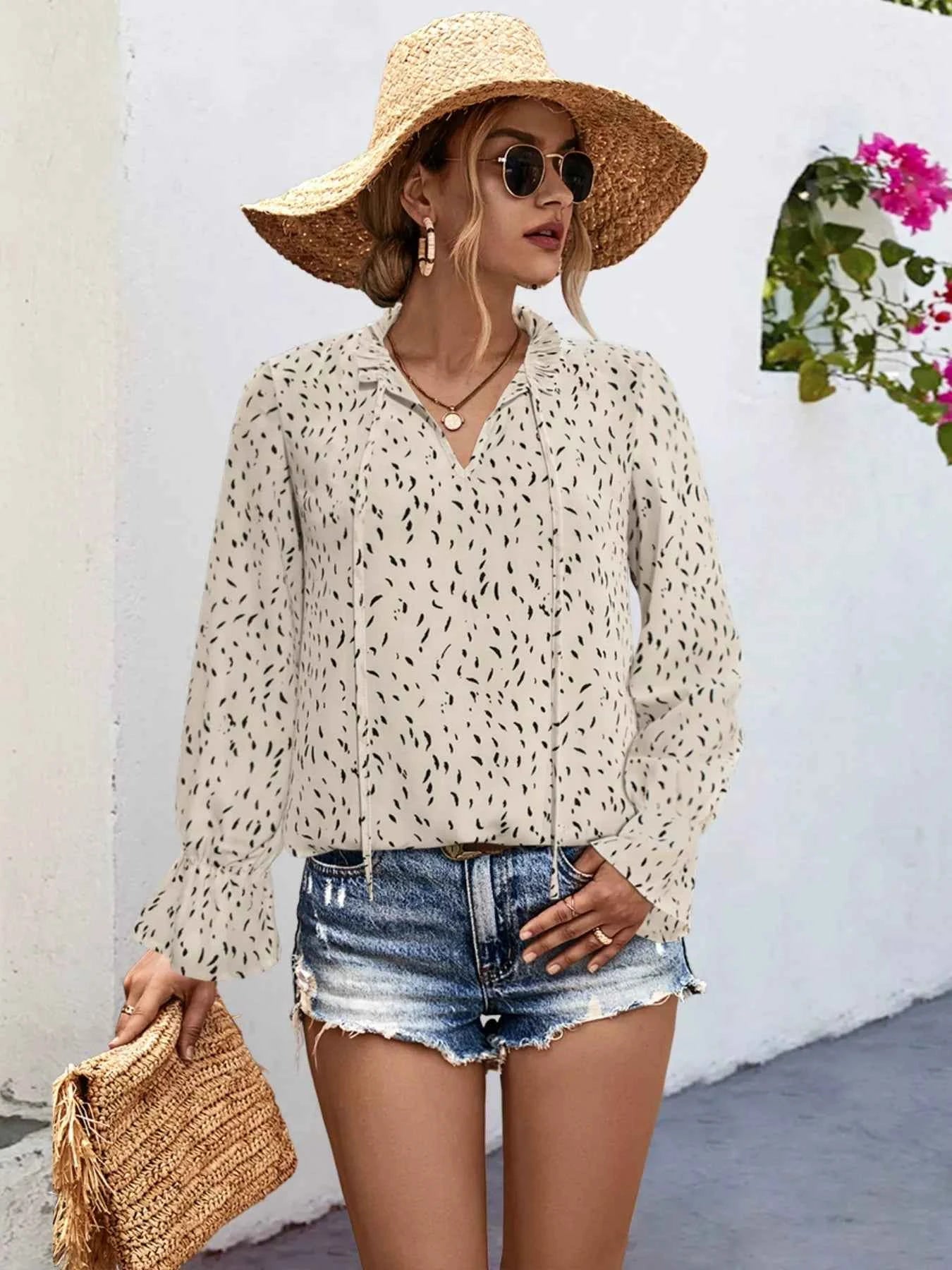 Ruffled Printed Tie Neck Long Sleeve Blouse White 658ef59b-307b-41c6-8b74-5598d92c4730-Max-Origin