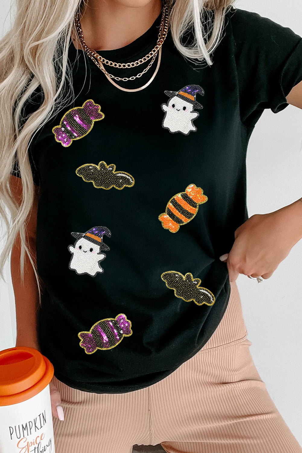 Black Halloween Spirit Pattern Sequins Patch Custom Casual Tee 659022f0ec194adc