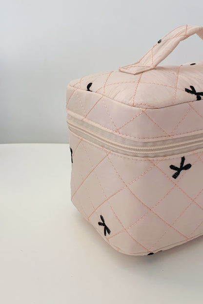 Bow Embroidered Quilted Storage Bag with Zip