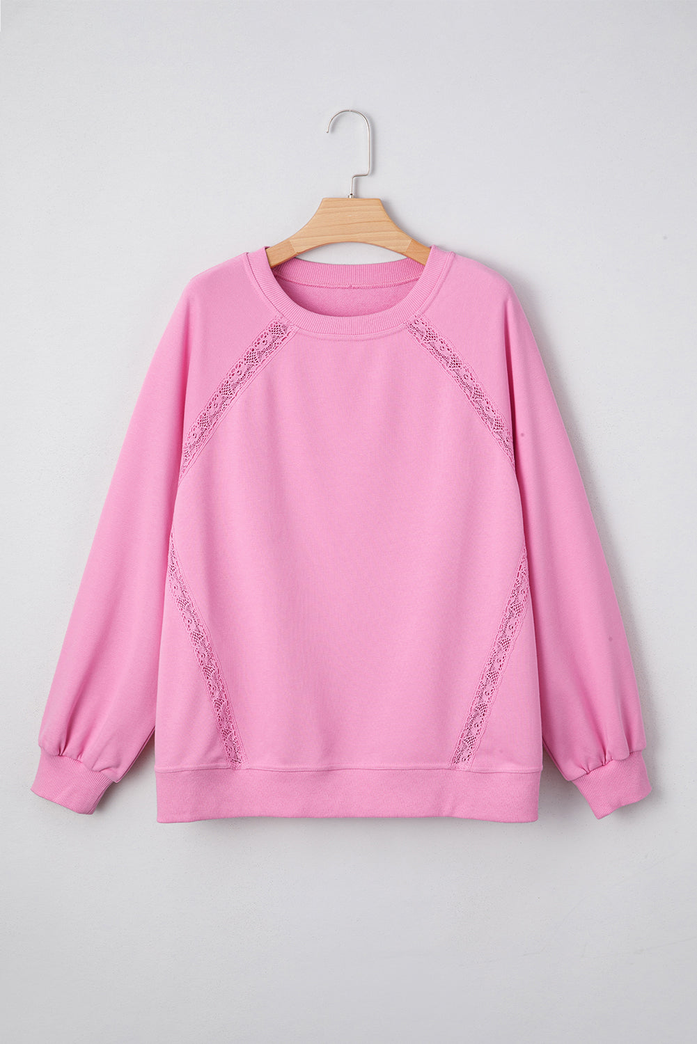 Bright Pink Lace Patchwork Raglan Sleeve Loose Fit Sweatshirt 659bcdeacfd710ae