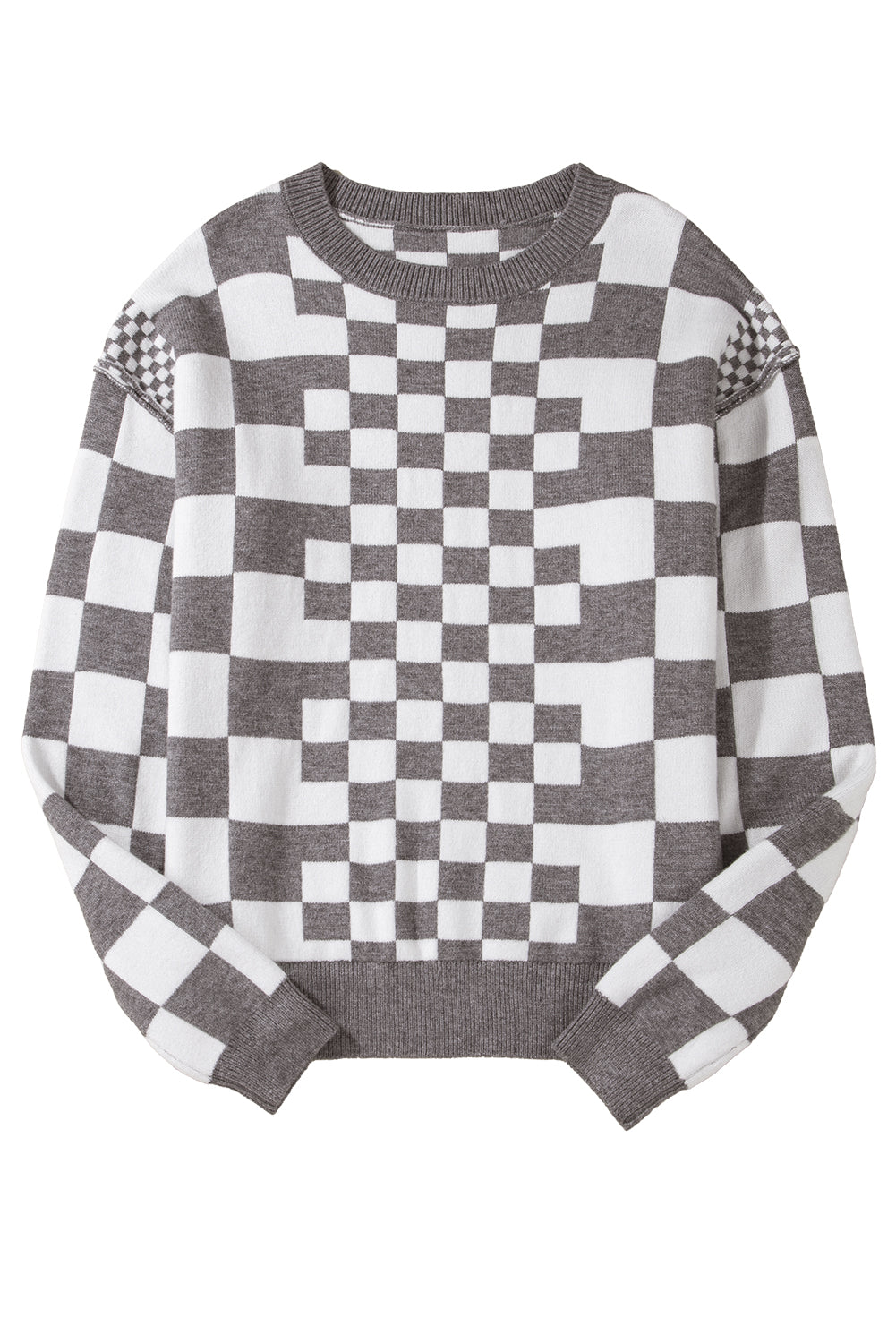 Black Checkered Drop Shoulder Round Neck Sweater Gray 50%Viscose+28%Polyester+22%Polyamide 659e56b21e3becfc