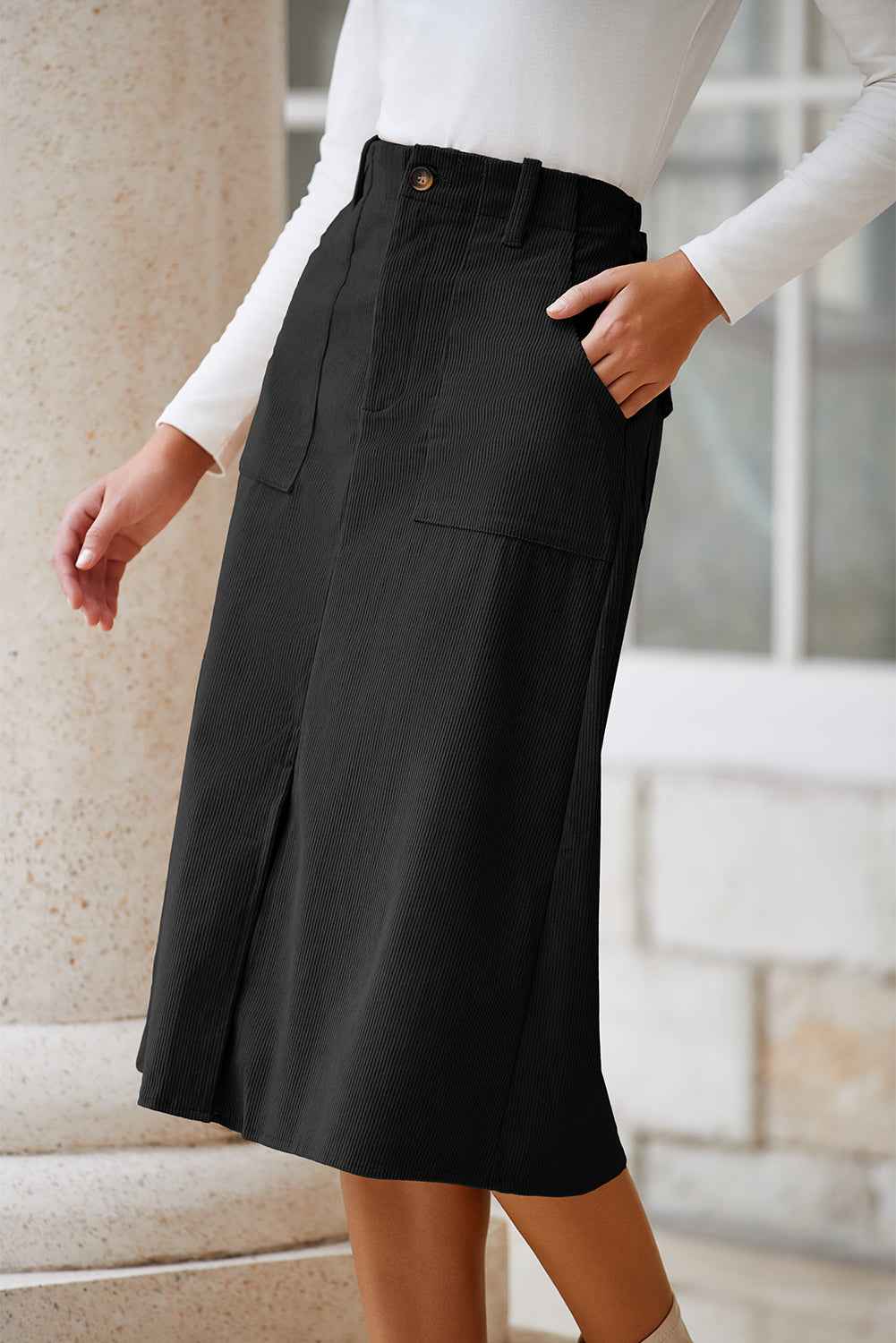 Black Front Slit Shift High Waist Midi Skirt 65a1df24ad587e67