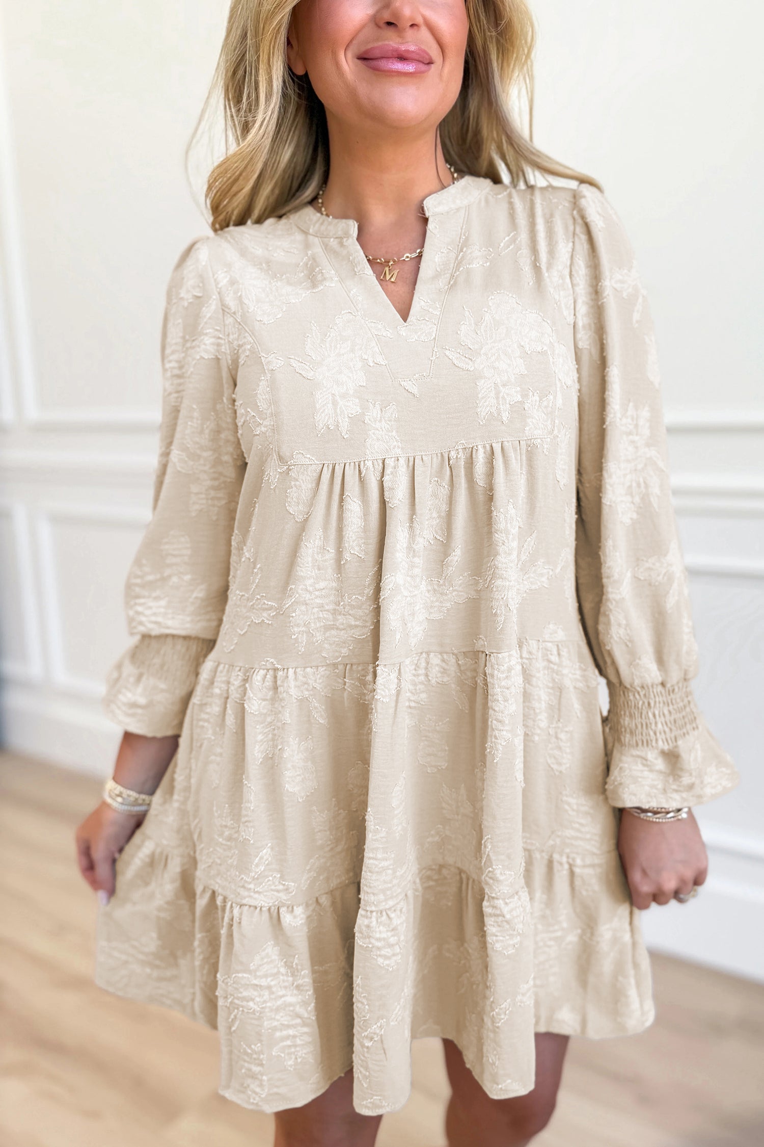 Parchment Long Sleeve Notched Neck Jacquard Tiered Mini Dress Parchment 100%Polyester 65a867d1ea871931