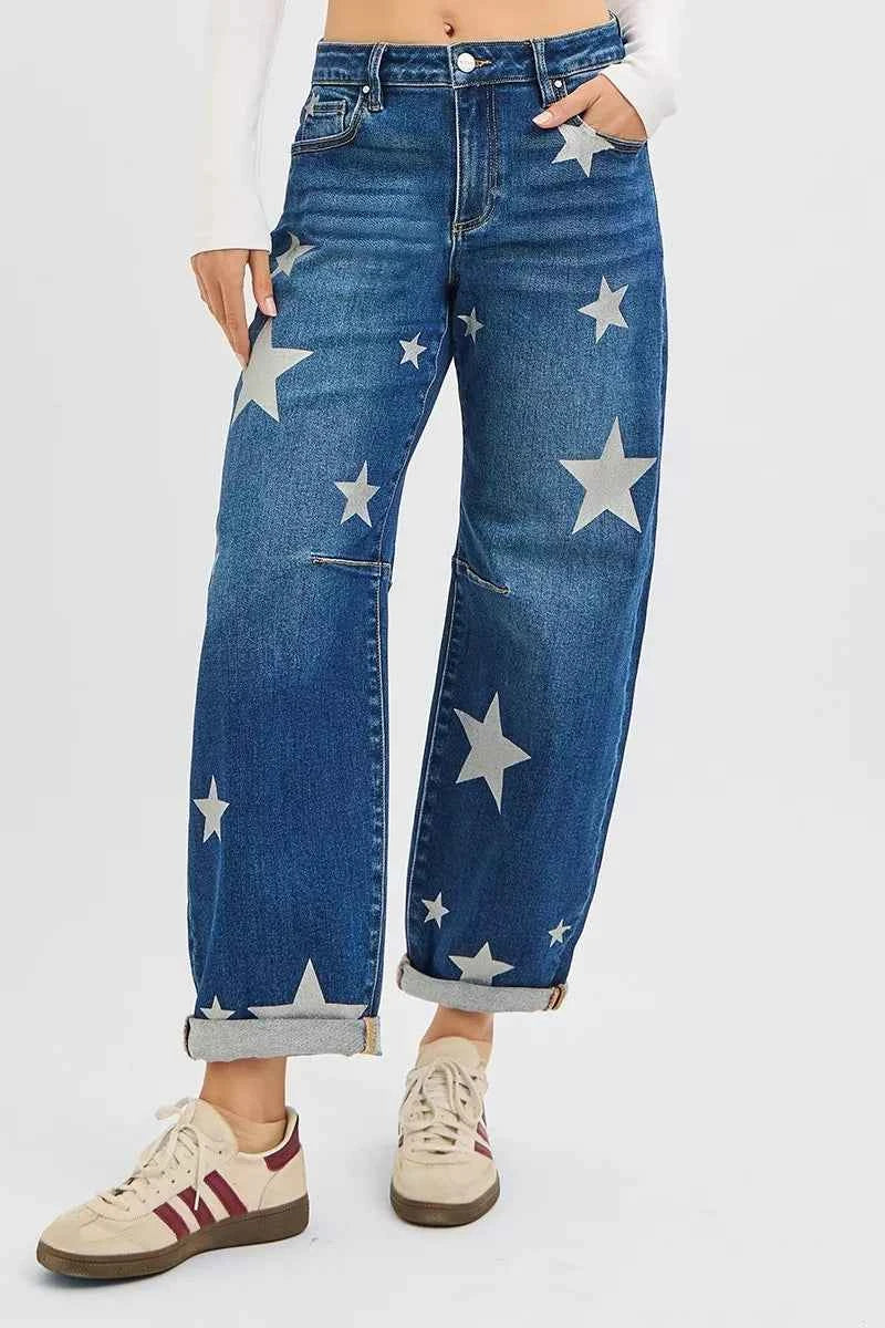 RISEN Mid Rise Ankle Length Relaxed Barrel Star Printed Jeans DARK 65ab66e5b58d4d3483d7302f818520ca-Max-Origin
