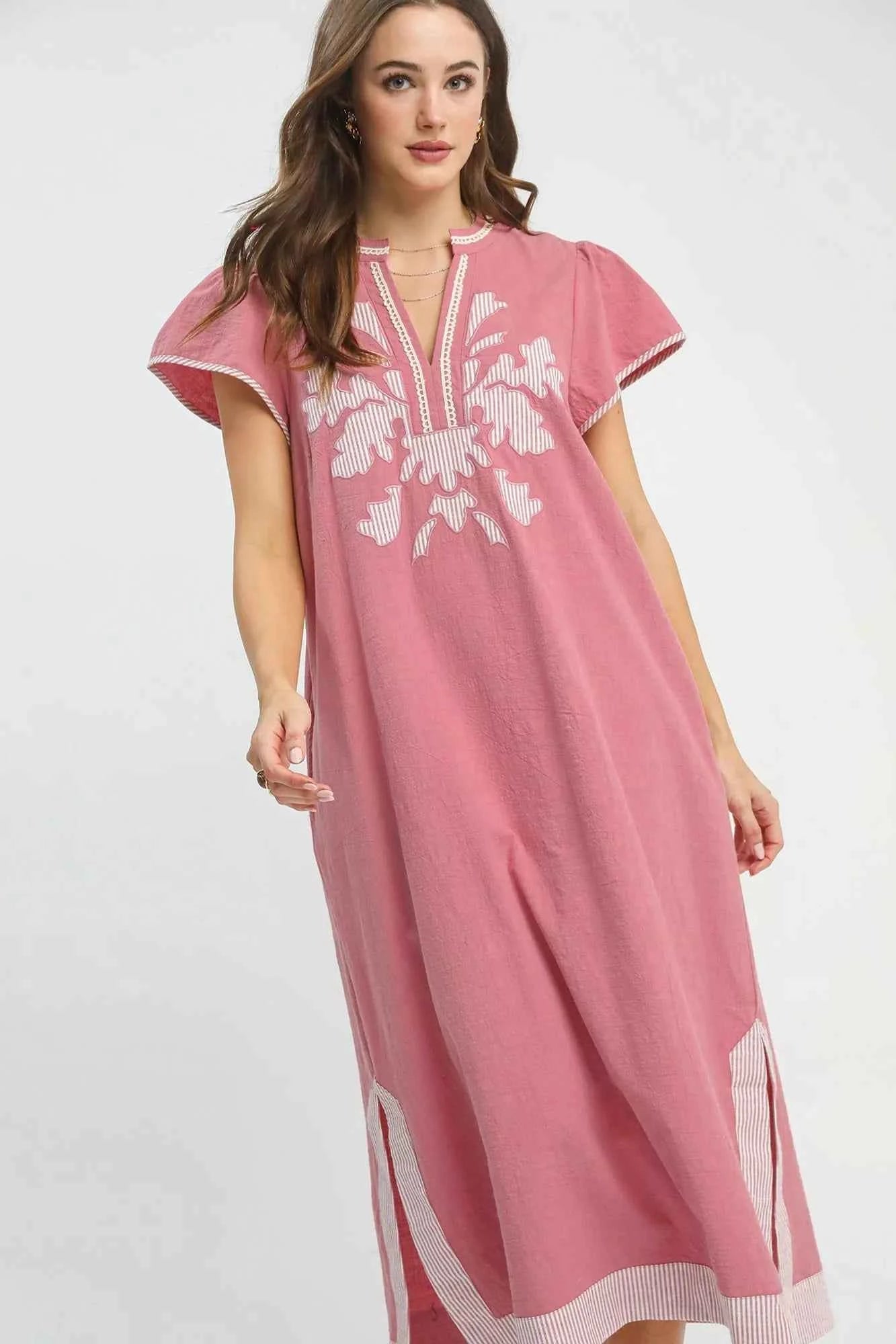 Umgee Embroidered Floral Short Sleeve Midi Dress with Contrast Trim MAUVE 65ae2251-e513-453e-9760-864ffccba1e5-Max-Origin