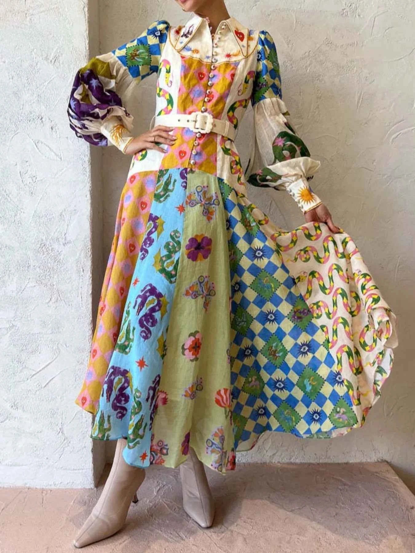 Printed Lantern Sleeve Midi Shirt Dress Multicolor 65b7b781-c77e-4011-807a-5d0ccb67464a-Max-Origin