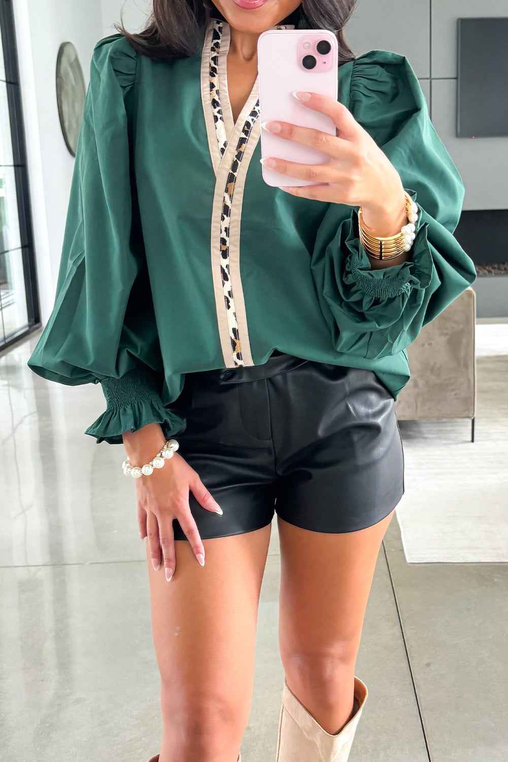 Evergreen Puffy Flounce Sleeve Leopard Trim V Neck Blouse Evergreen 100%Cotton 65b866d7dbc46820