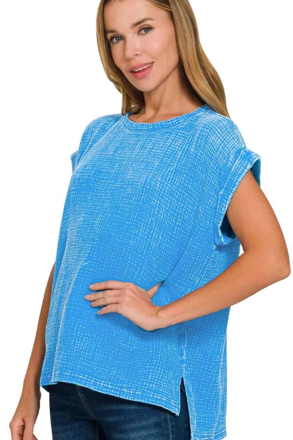 Zenana Woven Double Gauze Acid Washed Short Sleeve Top DEEP SKY 65b9e639-eea0-4d37-8095-f38f841e6ad9-Max-Origin