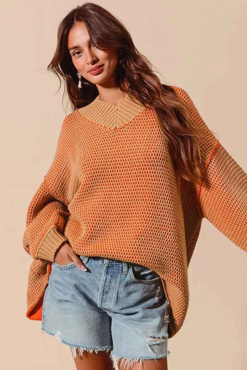 SO ME Oversized Two Tone Textured V Neck Sweater 65c51d683ee7446d93679c81bc3d4a06-Max-Origin