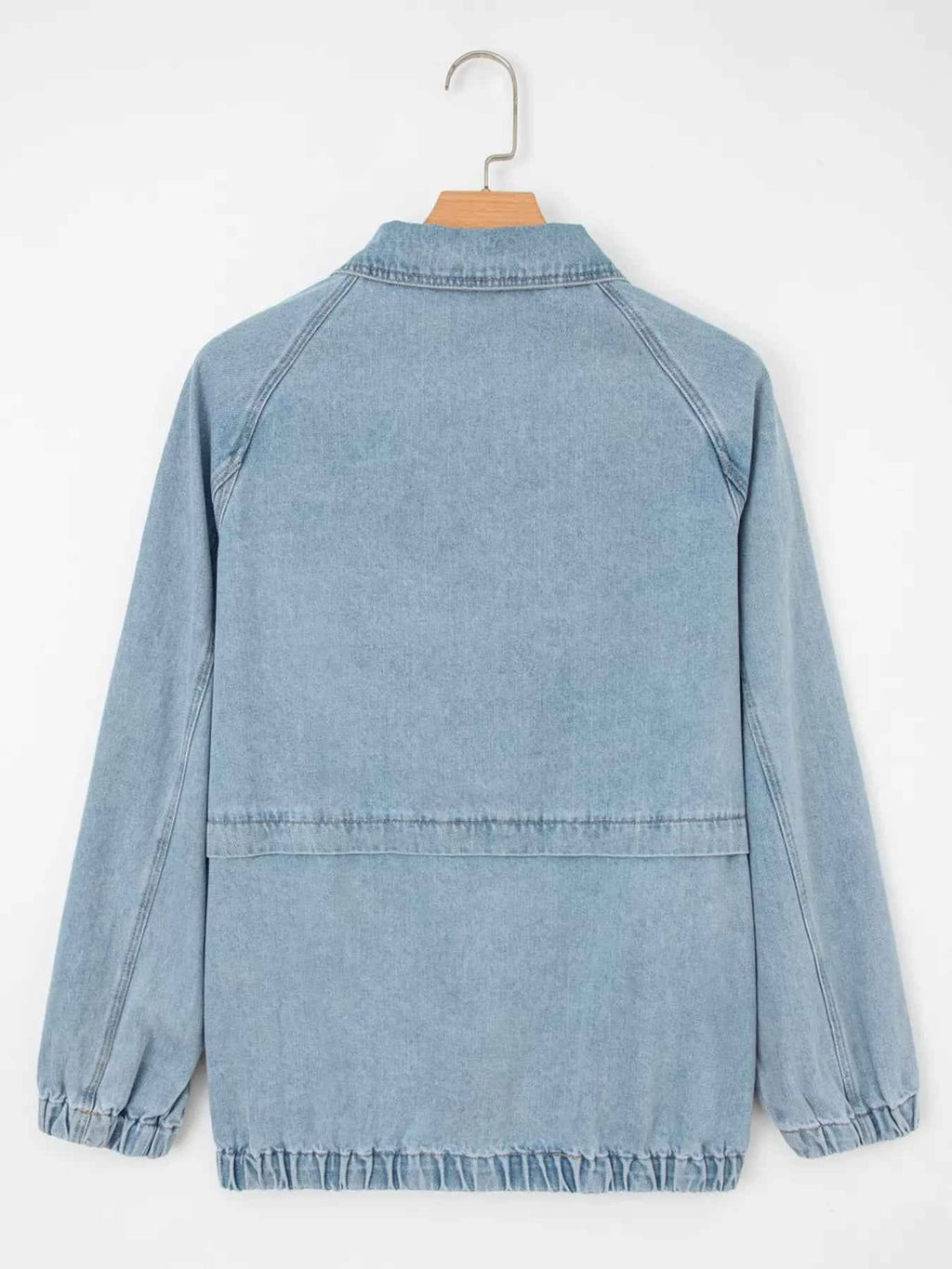 Elastic Edge Collared Zip Up Denim Jacket With Pocket 65cf2cce20d54d4cb19830f8c753933d-Max-Origin