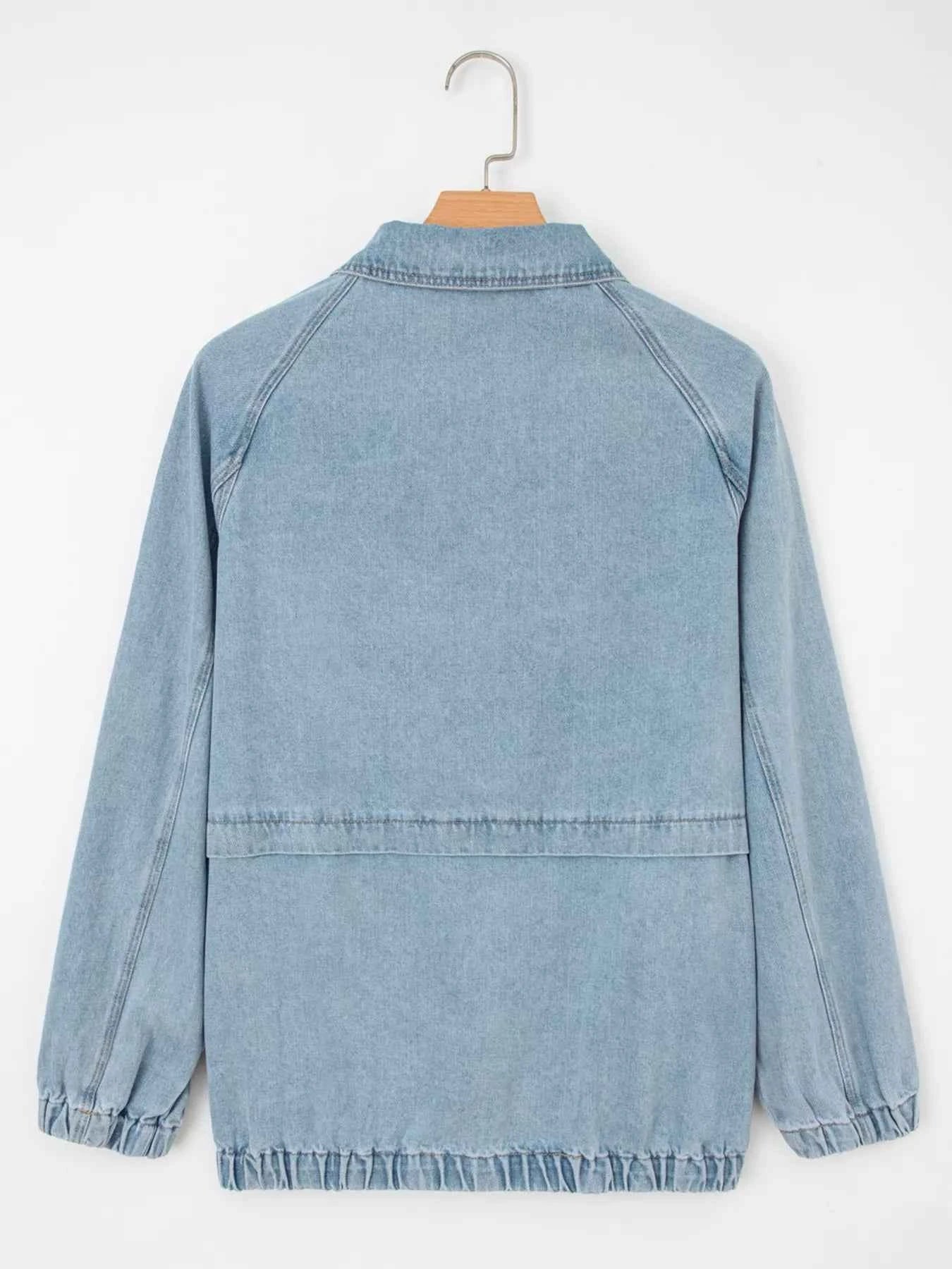 Elastic Edge Collared Zip Up Denim Jacket With Pocket 65cf2cce20d54d4cb19830f8c753933d-Max-Origin