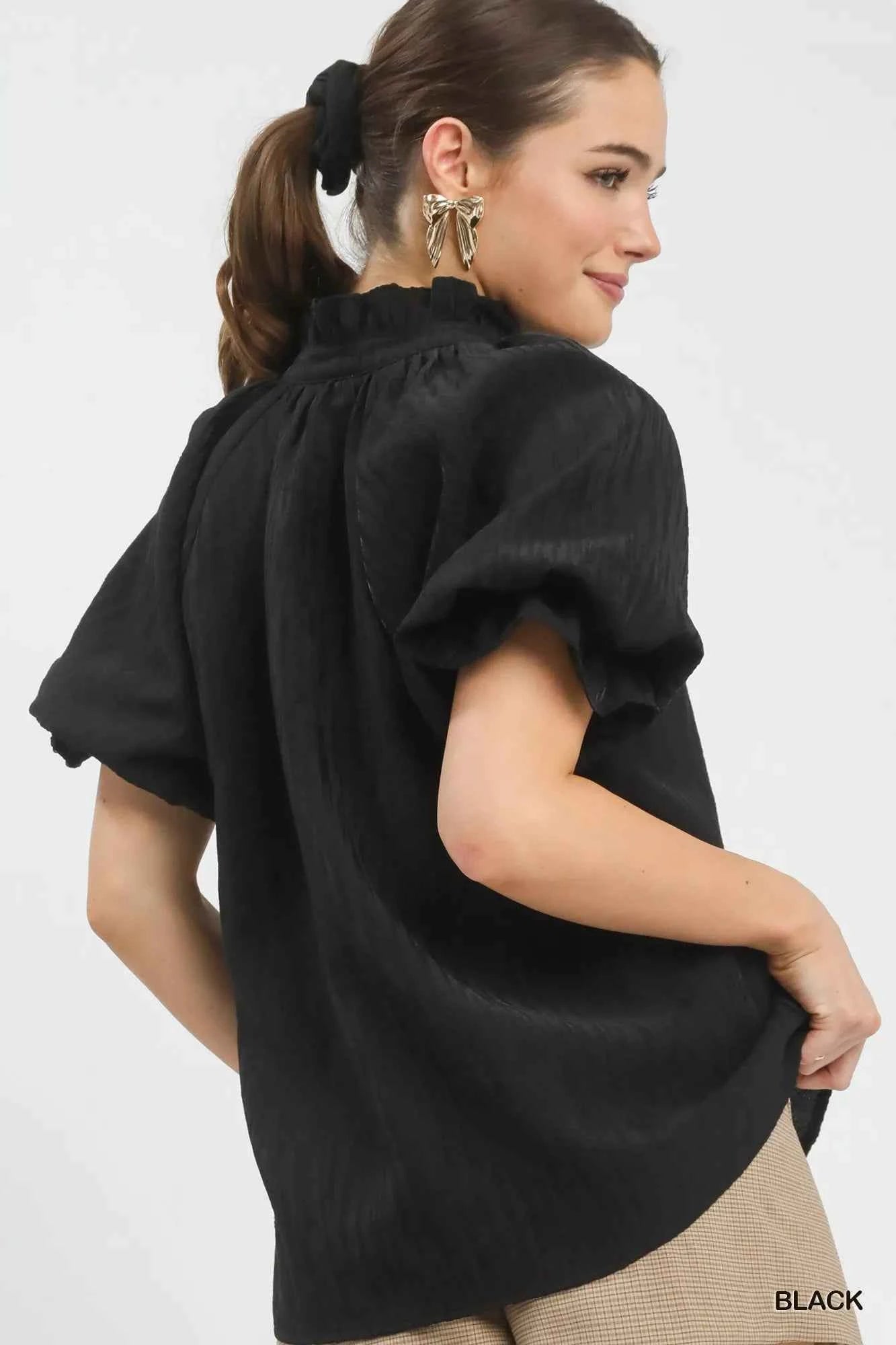 Umgee Textured Puff Sleeve Split Neck Top 65d82197-f953-412a-b4bd-63360cc028e4-Max-Origin