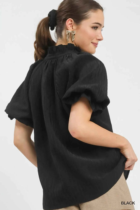 Textured Puff Sleeve Split Neck Top 65d82197-f953-412a-b4bd-63360cc028e4-Max-Origin