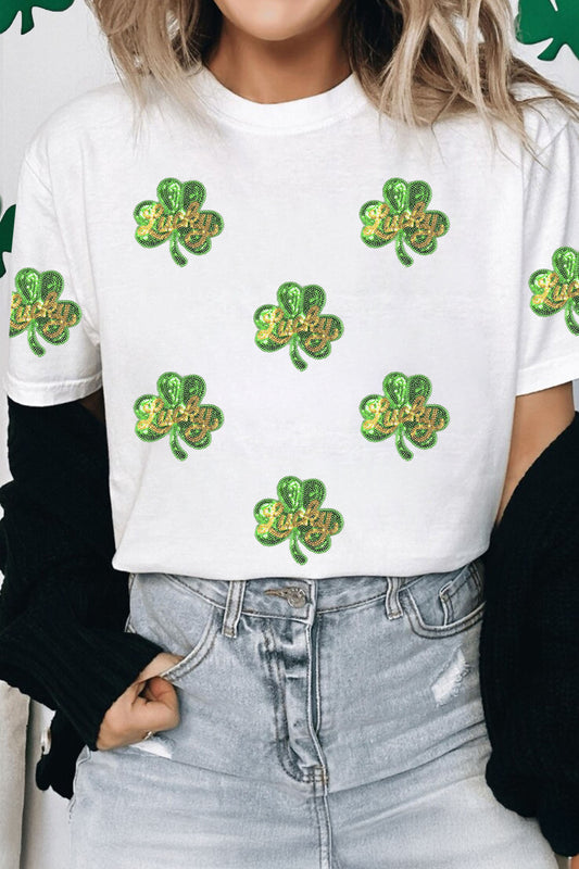 White Sequin Lucky Clover Patched Casual Round Neck Tee White 62%Polyester+32%Cotton+6%Elastane 65d90307d411aa65