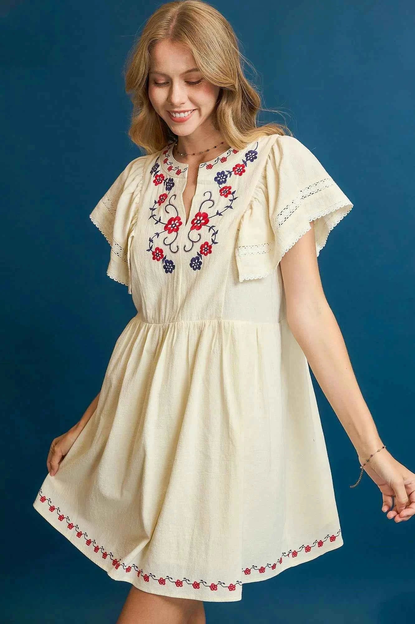 Umgee Embroidered Floral Flutter Sleeve Mini Dress Ivory 65da882c-a61b-48b6-a2ad-408b0553e06b-Max-Origin
