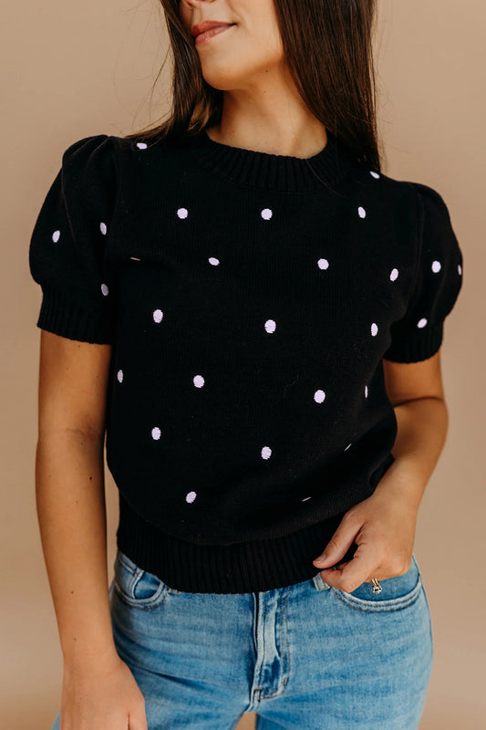 Black Elegant Polka Dot Bubble Short Sleeve Sweater Black 52%Viscose+26%Polyester+22%Polyamide 65dbda5853cf431d