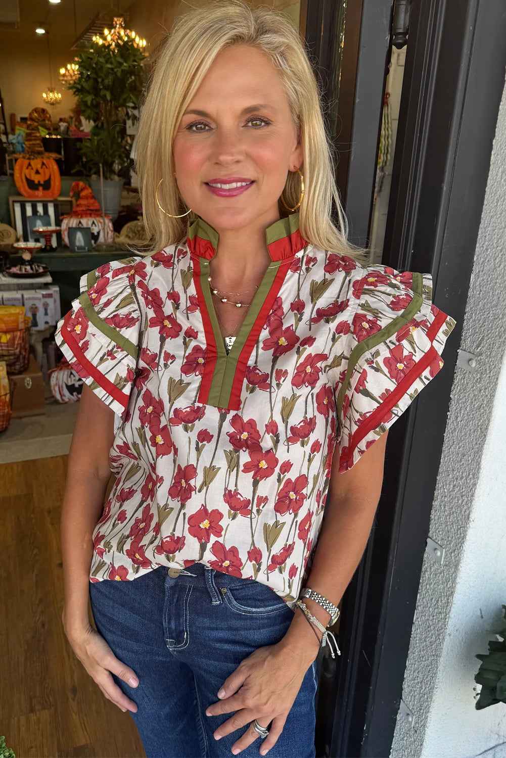 Pink Floral Print Contrast Trim V Neck Double Ruffled Short Sleeve Blouse 65e5489febcfc0b5