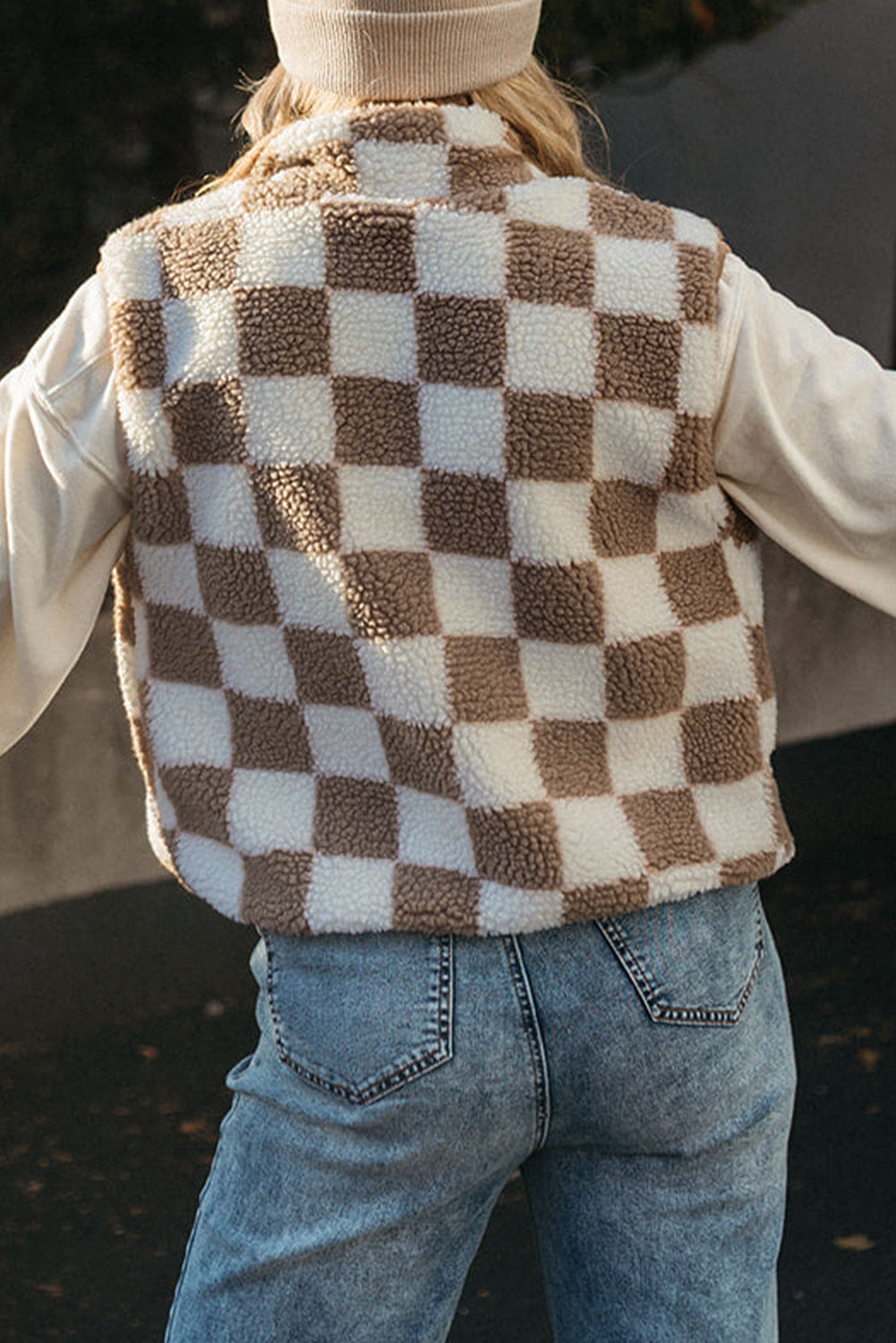 Khaki Checkered Sherpa Collared Jacket Vest 65e705f9b5d10f4c