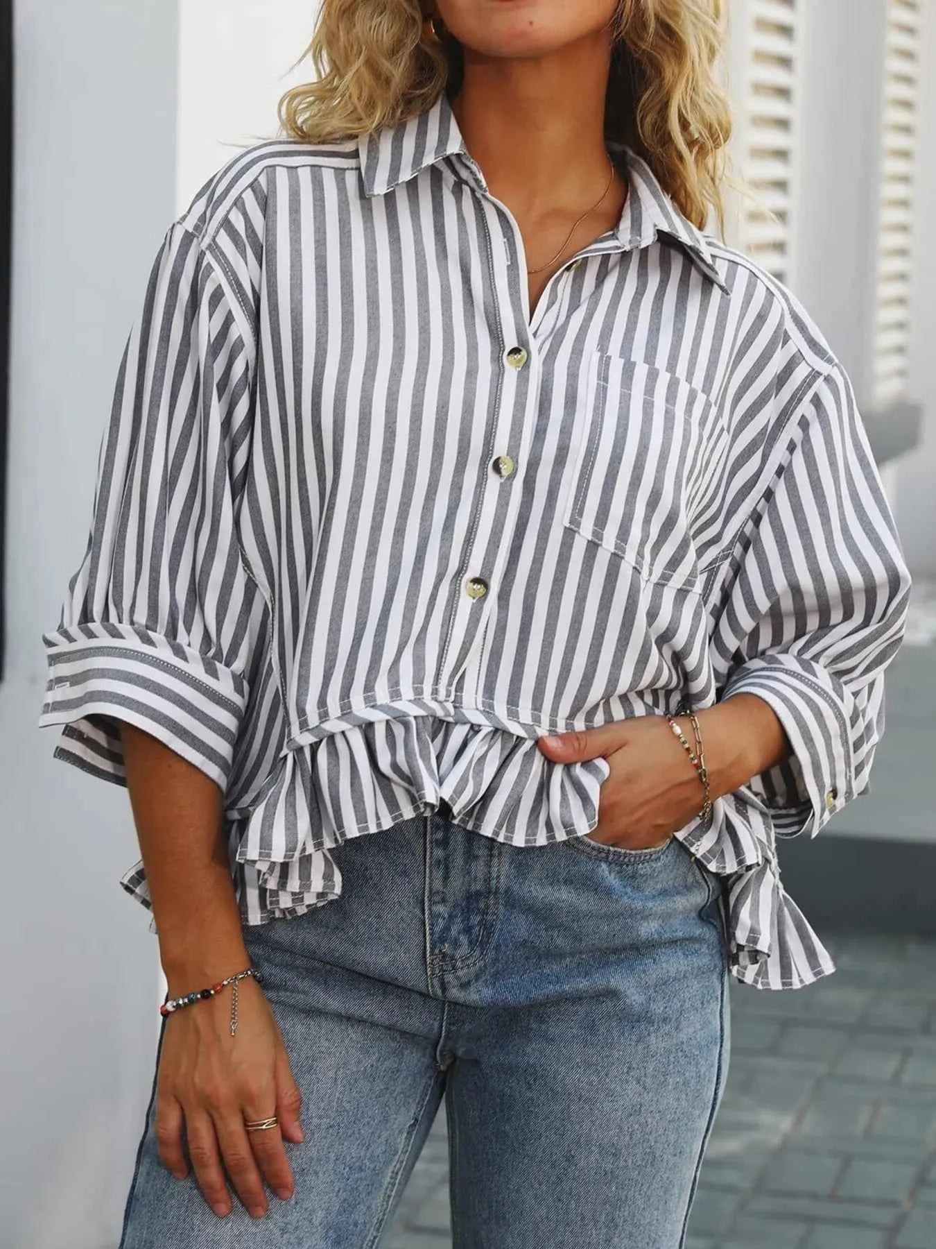Striped Ruffle Hem Button-Up Shirt 65e877b8a96b442c9c618626c6be9113-Max-Origin