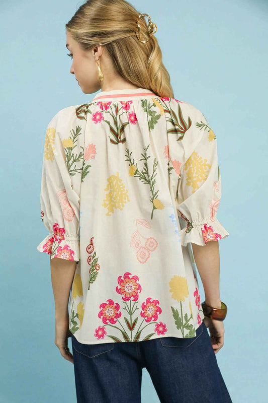 Floral Split Neck Puff Sleeve Top 65ebc160-053e-4960-8556-88688ac315d4-Max