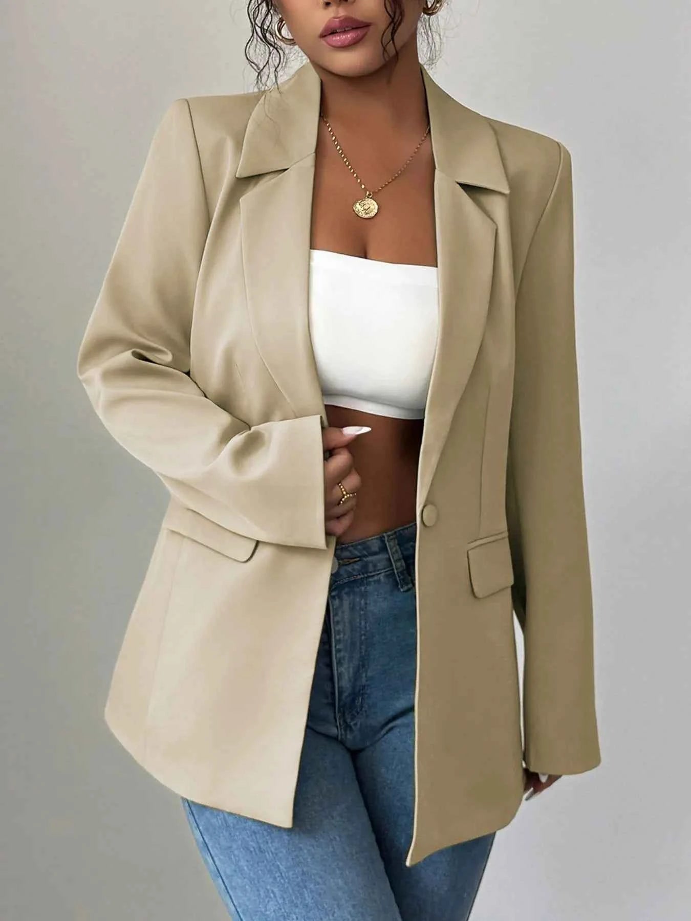 One Button Lapel Collar Blazer Khaki 65ec24dd-1e1f-457f-9022-40ea52220db7-Max-Origin
