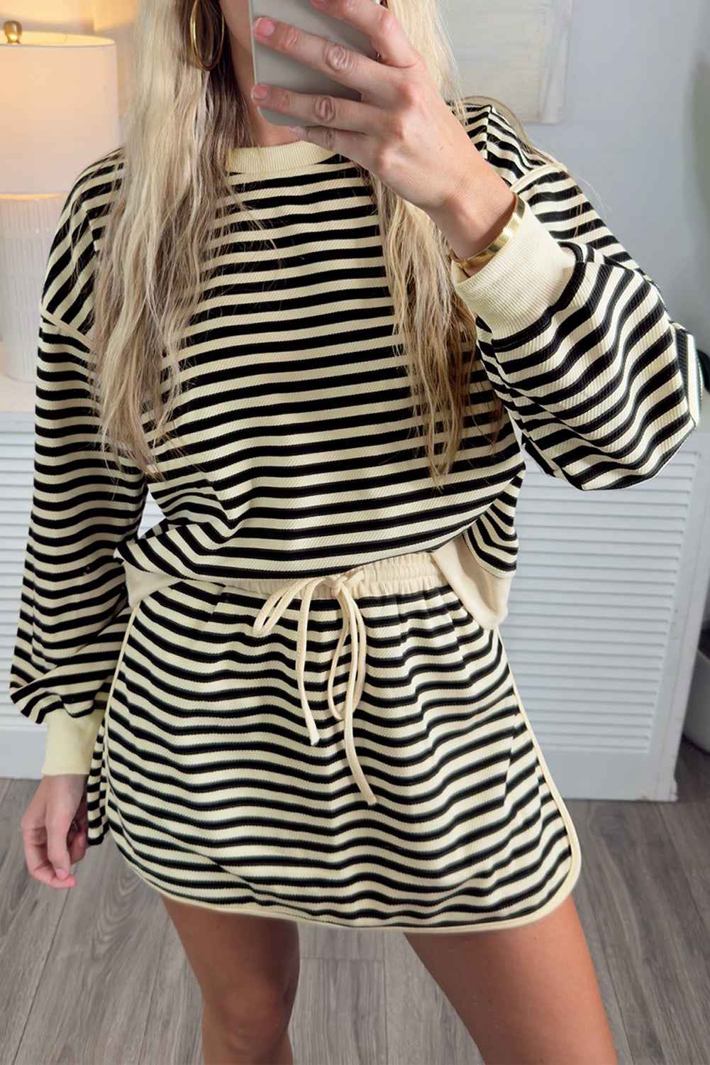 Black Stripe Textured Drop Shoulder Pullover Top Drawstring Mini Skirt Two Piece Dress Set Black Stripe 97%Polyester+3%Elastane 65f082ac1892adc8