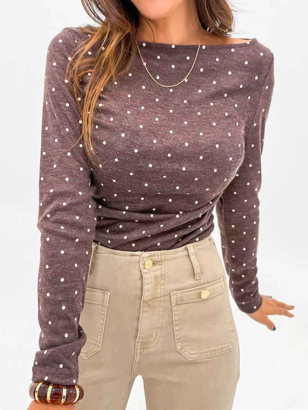 Polka Dot Long Sleeve T-Shirt Taupe 65f092e9-3d34-452e-89a1-ee2ac57b5331-Max-Origin