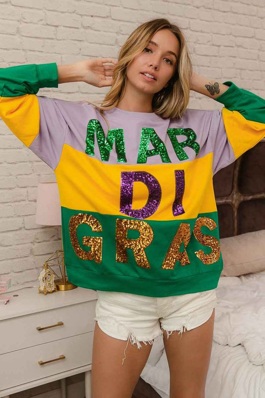 Sequin Mardi Gras Lettering Color Block Sweatshirt 65fcad61437442b29cb87966709ac954-Max