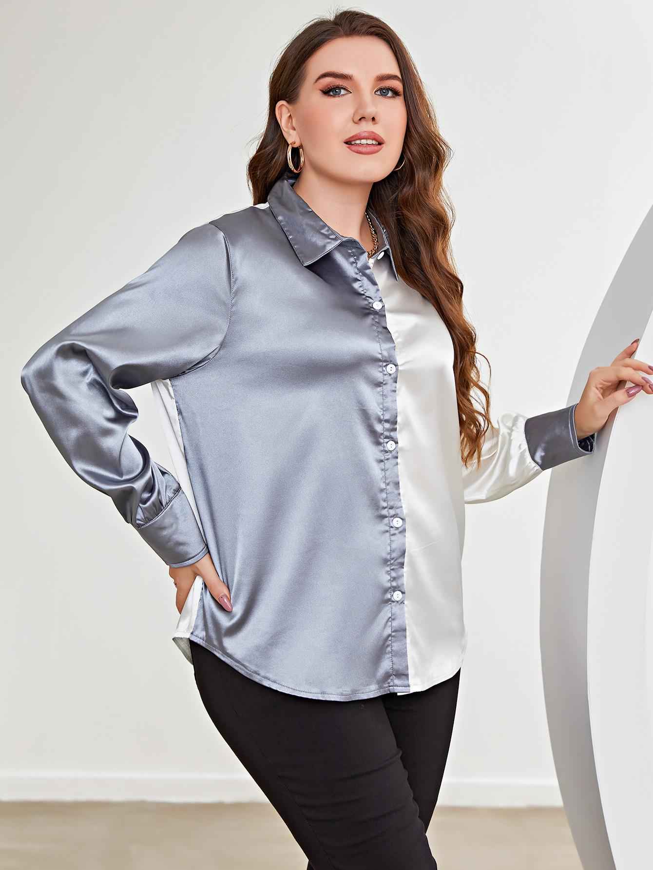 Plus Size Two-Tone Long Sleeve Shirt 65fd6a961c674798b9a9d382bf2d9419-Max