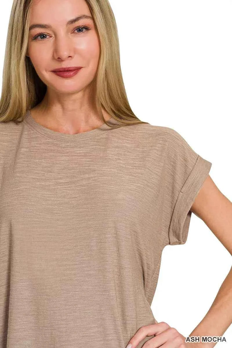 Zenana Slub Cuffed Sleeve Tee 660048603f43453eb520268565c6a219-Max-Origin