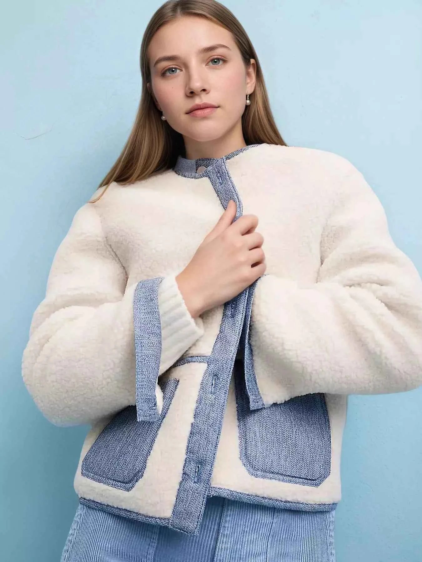 Contrast Trim Teddy Jacket White 66022c505d36485a934fab38c90b7371-Max-Origin