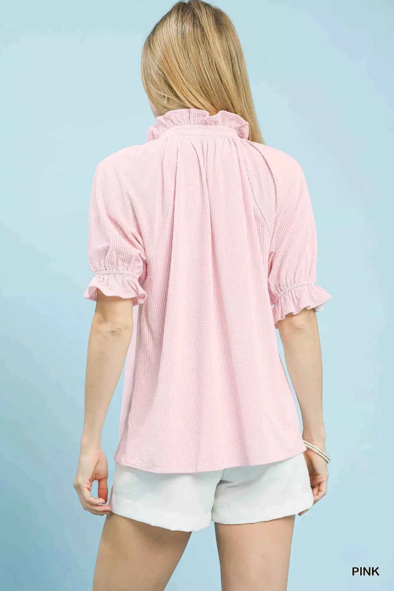 Umgee Textured Ruffle Sleeve V-Neck Top 66044ba2-4368-4197-abc4-cd110864b03a-Max-Origin