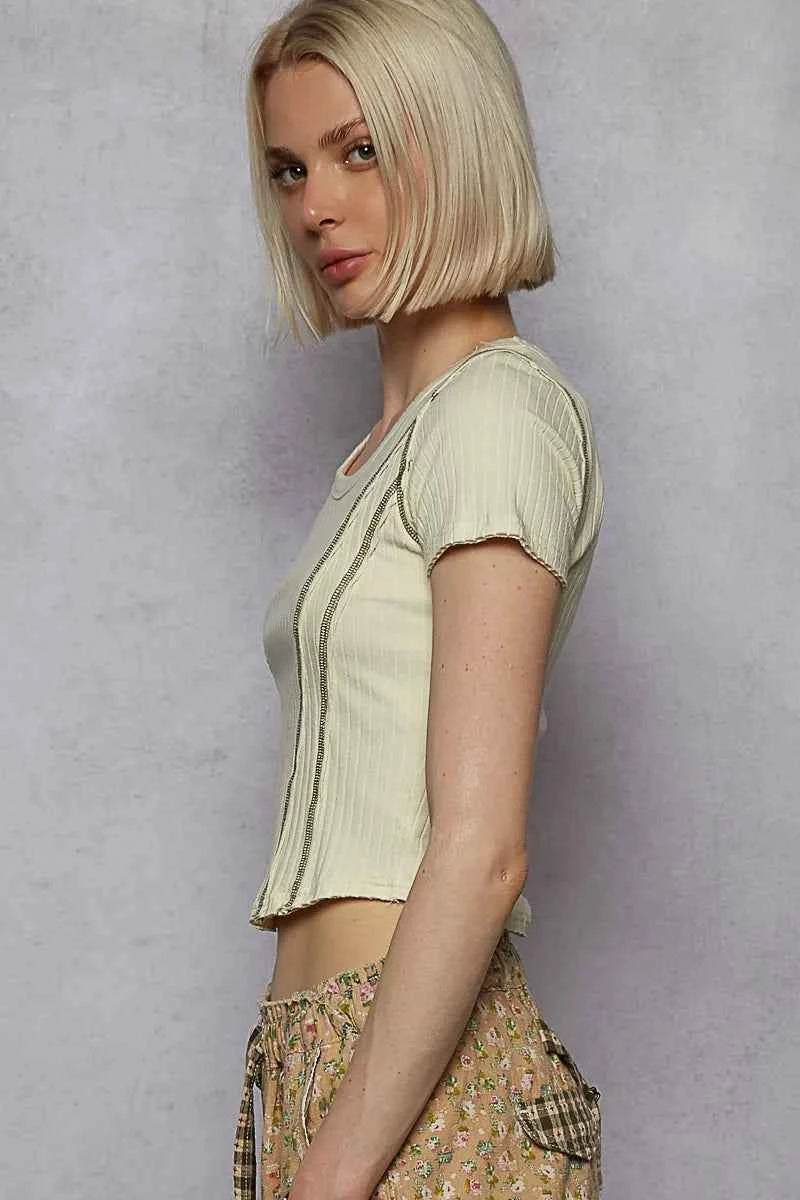 POL Contrast Stitching Round Neck Crop T-Shirt 66060115-2709-4d89-8024-064a270ddaf3-Max-Origin