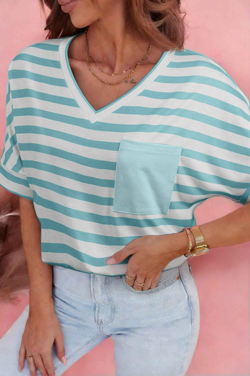 Sky Blue Stripe V Neck Patched Pocket Casual T Shirt Sky Blue Stripe 95%Polyester+5%Elastane 6606205d8e439831