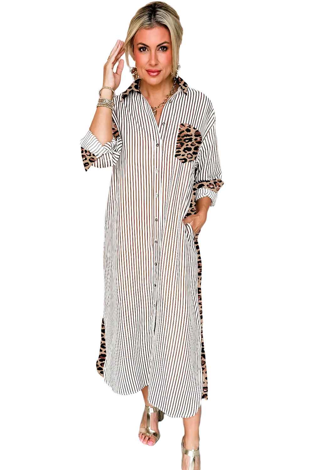 Brown Stripe Contrast Leopard Patchwork Shirt Dress 6608389224e29fe4