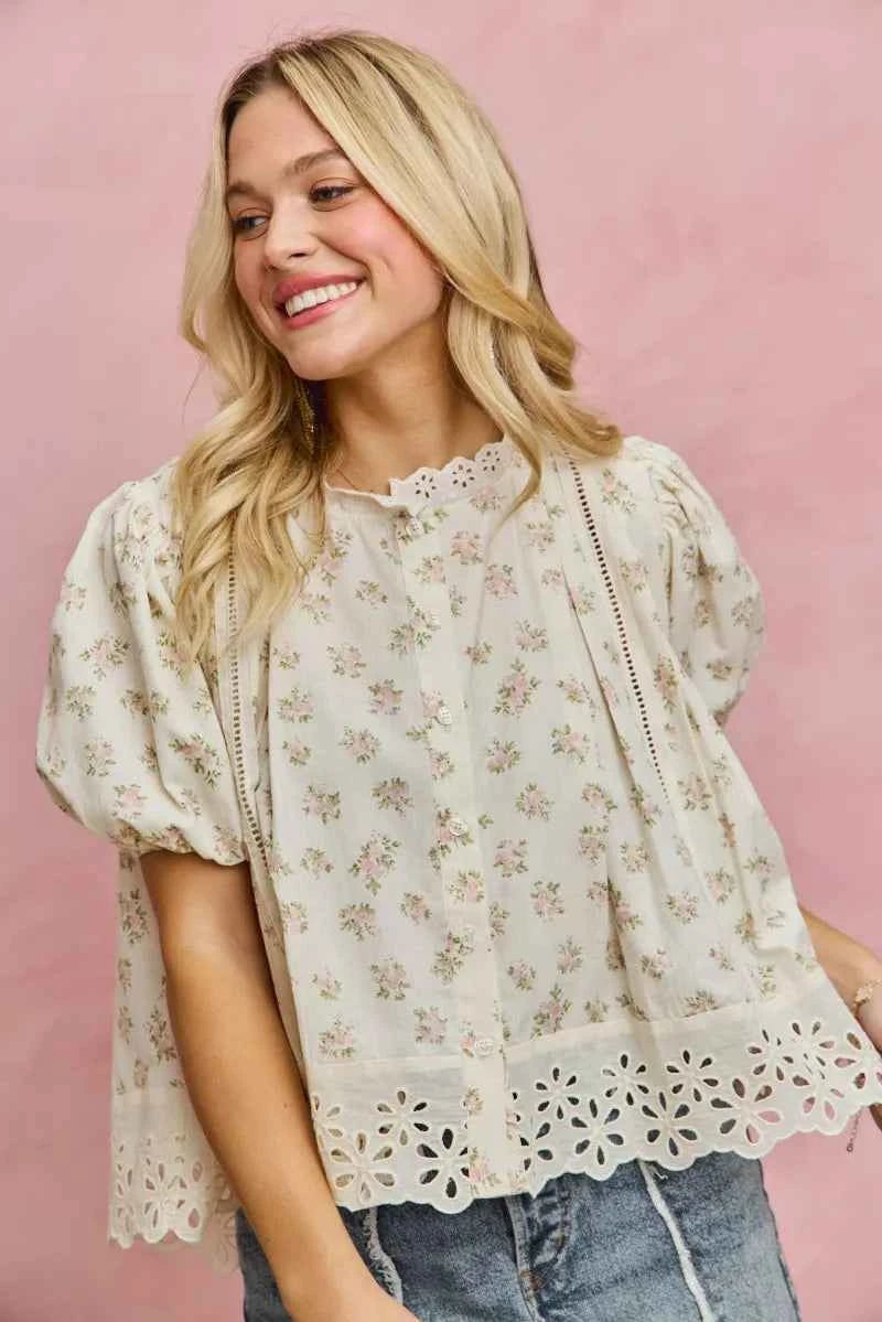 SO ME Floral Print Lace Trim Short Sleeves Blouse 660cc63221804202b1defb8b0c7d233b-Max-Origin