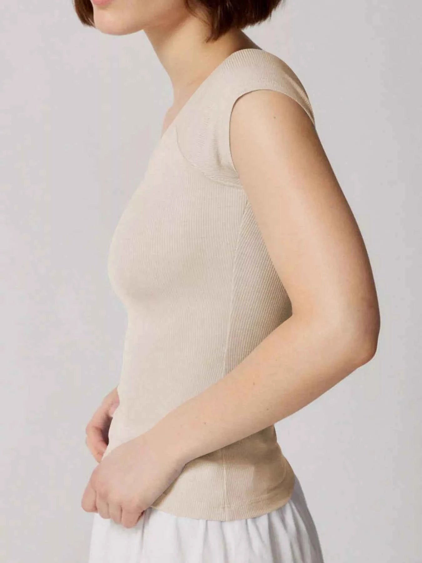 Ribbed V-Neck Cap Sleeve Fitted T-Shirt 66130040-b082-4118-9f78-e9dfdece269c-Max-Origin