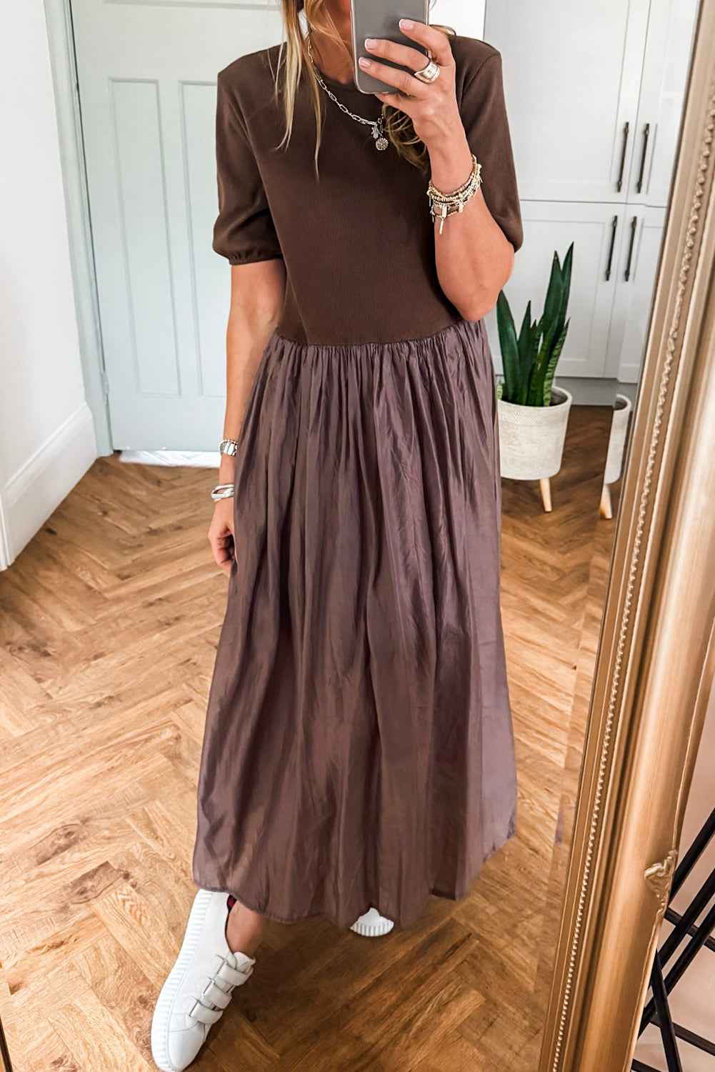 Black Short Sleeve Knit Top Patchwork Pleated Long Dress 661662df42a9409d
