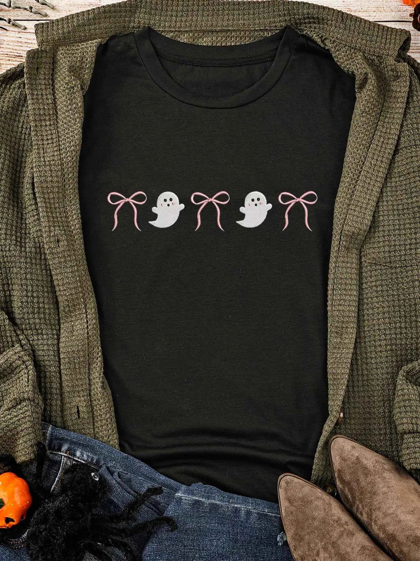 Halloween Ghost Bow Graphic Short Sleeve T-Shirt 66177d873076480d98e7b34a2121c387-Max-Origin