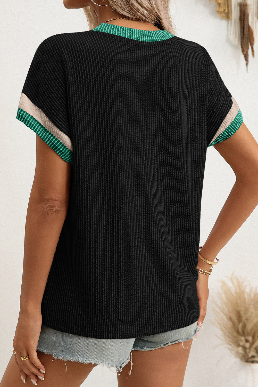 Dark Blue Colorblock Trim Corded Rib T Shirt 6619ab31af121ef2