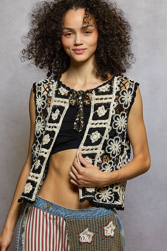 POL Tie Front Floral Pattern Crochet Vest with Scalloped Edge BLACK NATURAL One Size 66219f86-f64b-4def-9a4d-44c6c156a8e5-Max-Origin