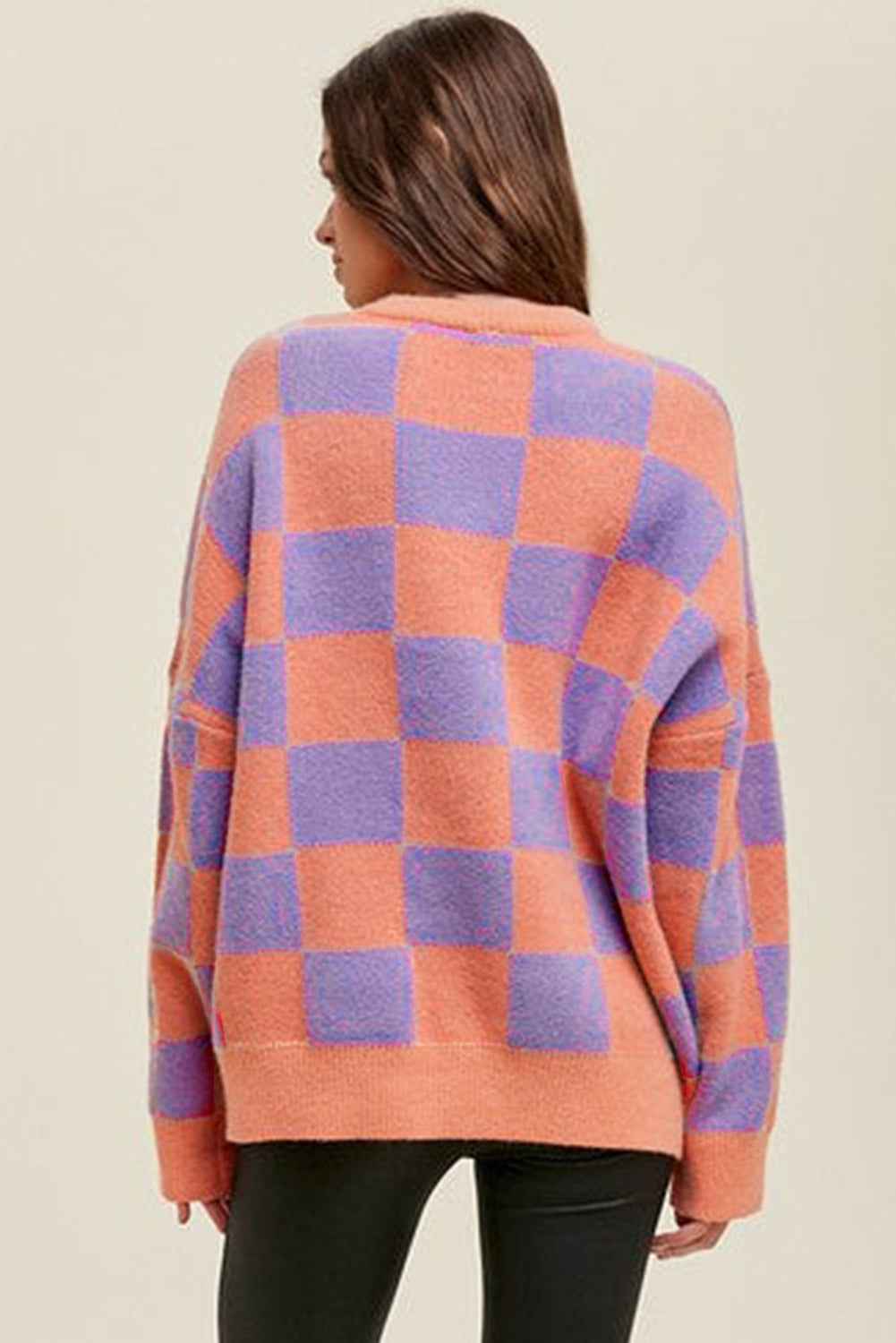 Parchment Checkered Pattern Ribbed Trim Knit Baggy Sweater 66232972d7afc605