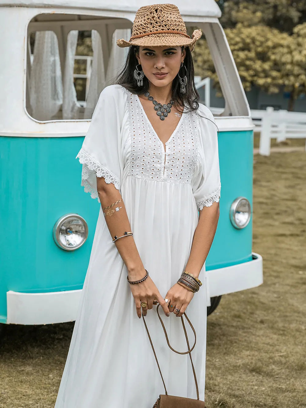 Lace Detail Eyelet V-Neck Half Sleeve Dress 66283917-bbc9-4cc6-a09e-c1b975bf7cf6-Max