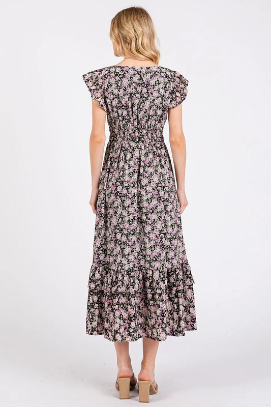 Mittoshop Flower Print Ruffle Cap Sleeve V-neck Midi Dress 662884a6918a44fda55b28bc54d796ed-Max-Origin