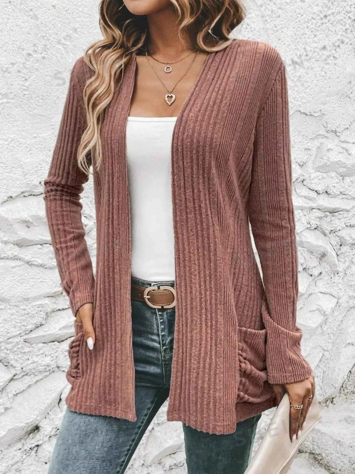 Ribbed Open Front Long Cardigan with Pockets 662e376778464f29919bca7bd63cad7e-Max-Origin