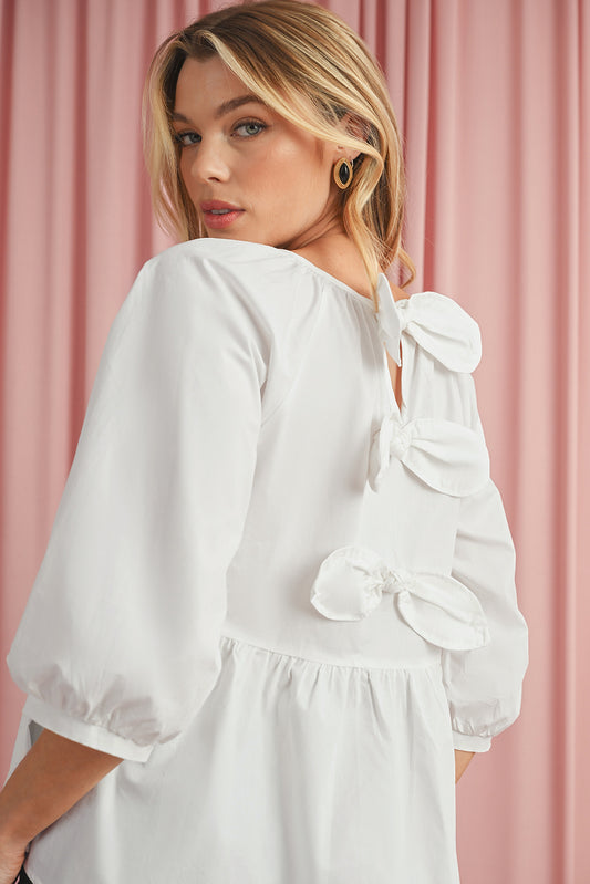 White Bow Knot Cutout Back Loose Fit 3/4 Sleeve Blouse 6631aff3b4cf7c7d