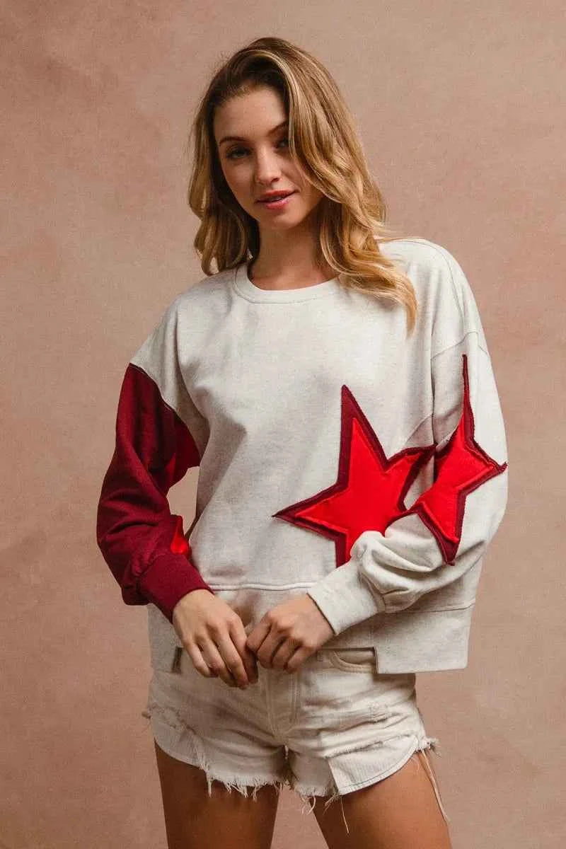 BiBi Star Patch And Spliced Hemline French Terry Long Sleeve Sweatshirt 6631c9a222624769a35ef24436be6378-Max-Origin